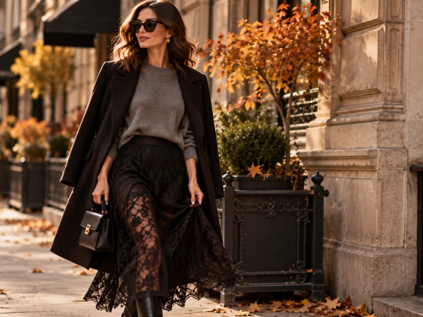 Прозрачная юбка + плотный свитер: контраст, на котором строятся модные осенние образы
