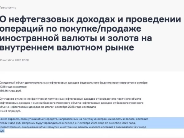 Минфин: покупки валюты и золота с 7 октября по 6 ноября 2026 составят  12.7 млрд рублей в день.
