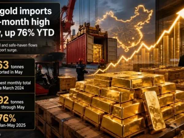 Китай - Импорт золота 5 месяцев 2026г: 692 тонн (+76% г/г), Май 163 тонн (+4% м/м)