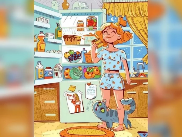 Ночная сцена с котом и холодильником: найдите три банана за 7 секунд