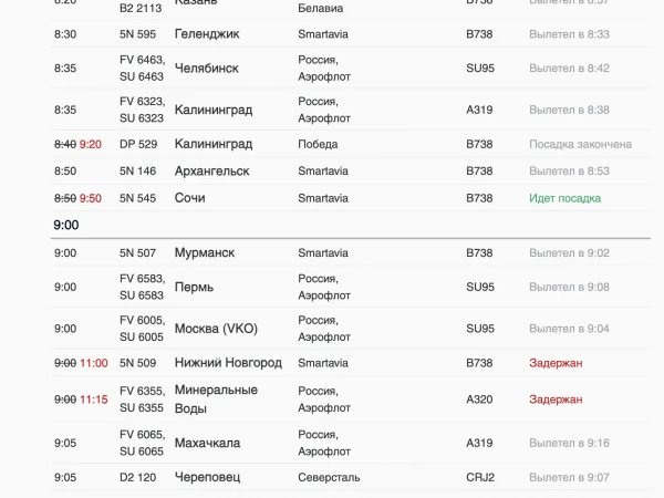 В Пулково на вылет задерживаются рейсы «России», «Аэрофлота» и «Победы» в Сочи, Краснодар, Анталью и Калининград