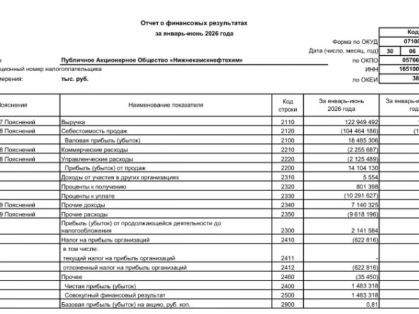 Нижнекамскнефтехим 6 мес 2026 г: выручка ₽122,95 млрд (−7,0% г/г), чистая прибыль ₽1,48 млрд (снижение в 14,7 раза г/г)