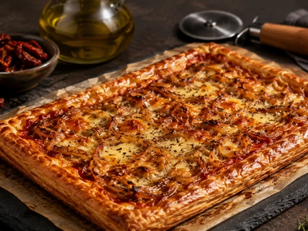 Экономим со вкусом: рецепт бюджетного слоёного тарта с луком и томатным соусом для всей семьи