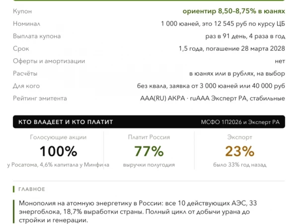Облигации Атомэнергопром 001P-18: монополия на АЭС занимает в юанях дороже, чем летом