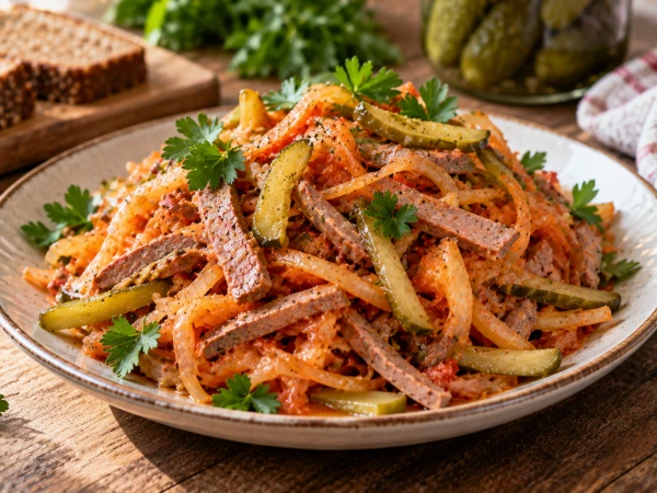 Забыла про привычные мясные салаты: «Красногвардейский» с языком удивляет необычной заправкой