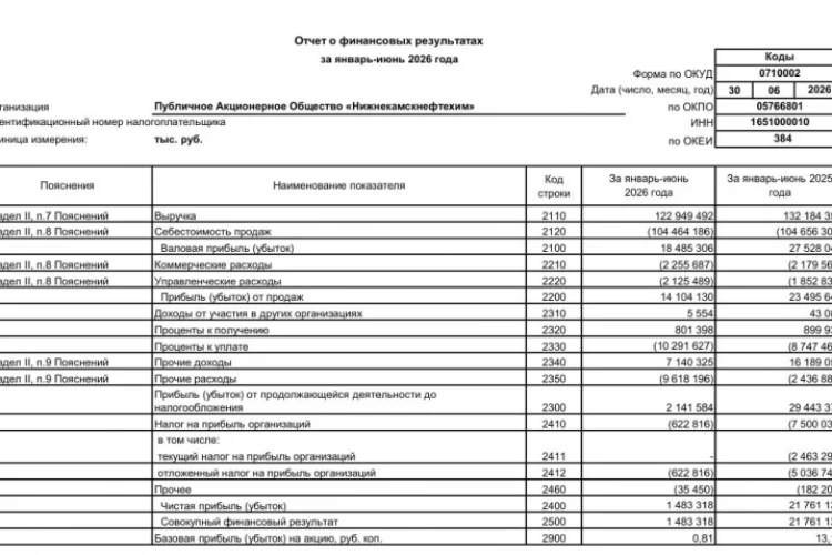 Нижнекамскнефтехим 6 мес 2026 г: выручка ₽122,95 млрд (−7,0% г/г), чистая прибыль ₽1,48 млрд (снижение в 14,7 раза г/г)