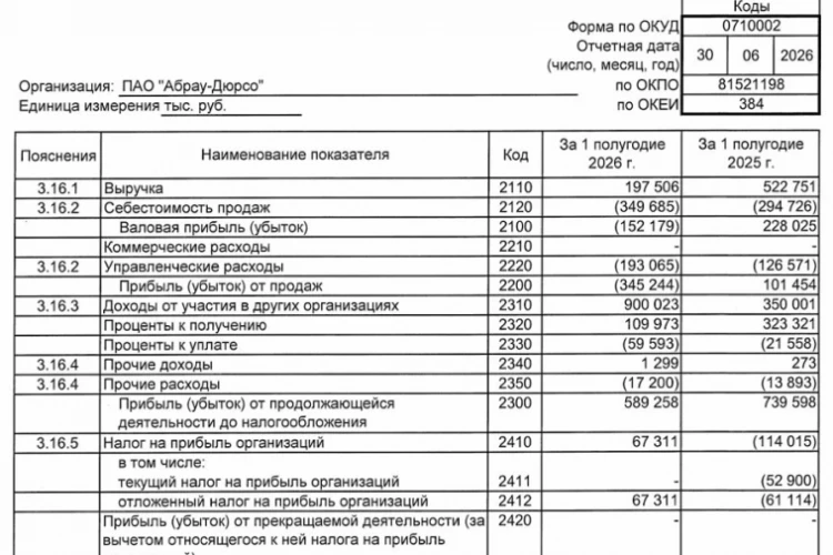 Абрау-Дюрсо РСБУ 6 мес 2026 г: выручка 197,5 млн руб. (-62,2% г/г), чистая прибыль 656,6 млн руб. (+4,9% г/г)