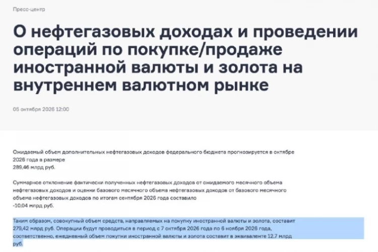 Минфин: покупки валюты и золота с 7 октября по 6 ноября 2026 составят  12.7 млрд рублей в день.