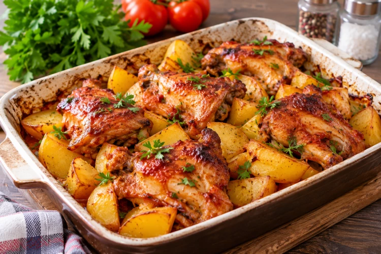 Картошка получается вкуснее самого мяса: запекаю ее под куриными спинками с томатно-соевым соусом